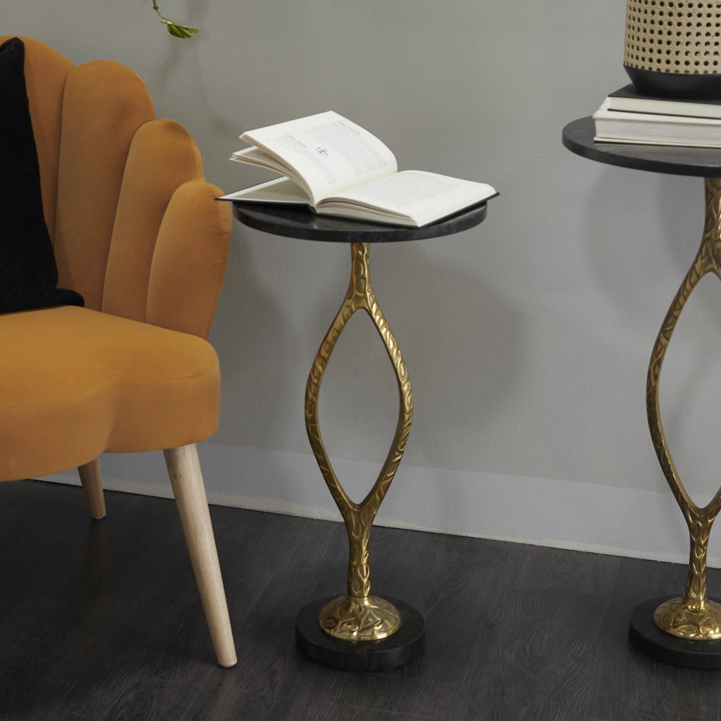 Gold Aluminum Accent Table with Black Marble Base L2666