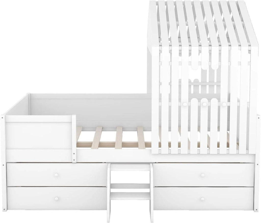 White Full Size Wood House Bed with 4 Drawers S97969