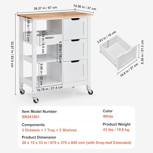 White 26 inch Rolling Kitchen Island Cart with 3 Drawers and Shelves X59820