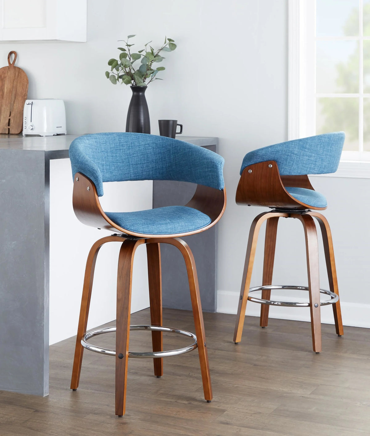 26" Mid-Century Modern Counter Stool with Swivel in Walnut Wood and Blue Fabric with Round Chrome Metal Footrest - Set of 2 I8586