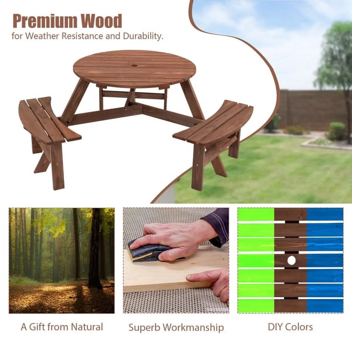 6-Person Circular Wooden Picnic Table with 3 Built-in Benches N877