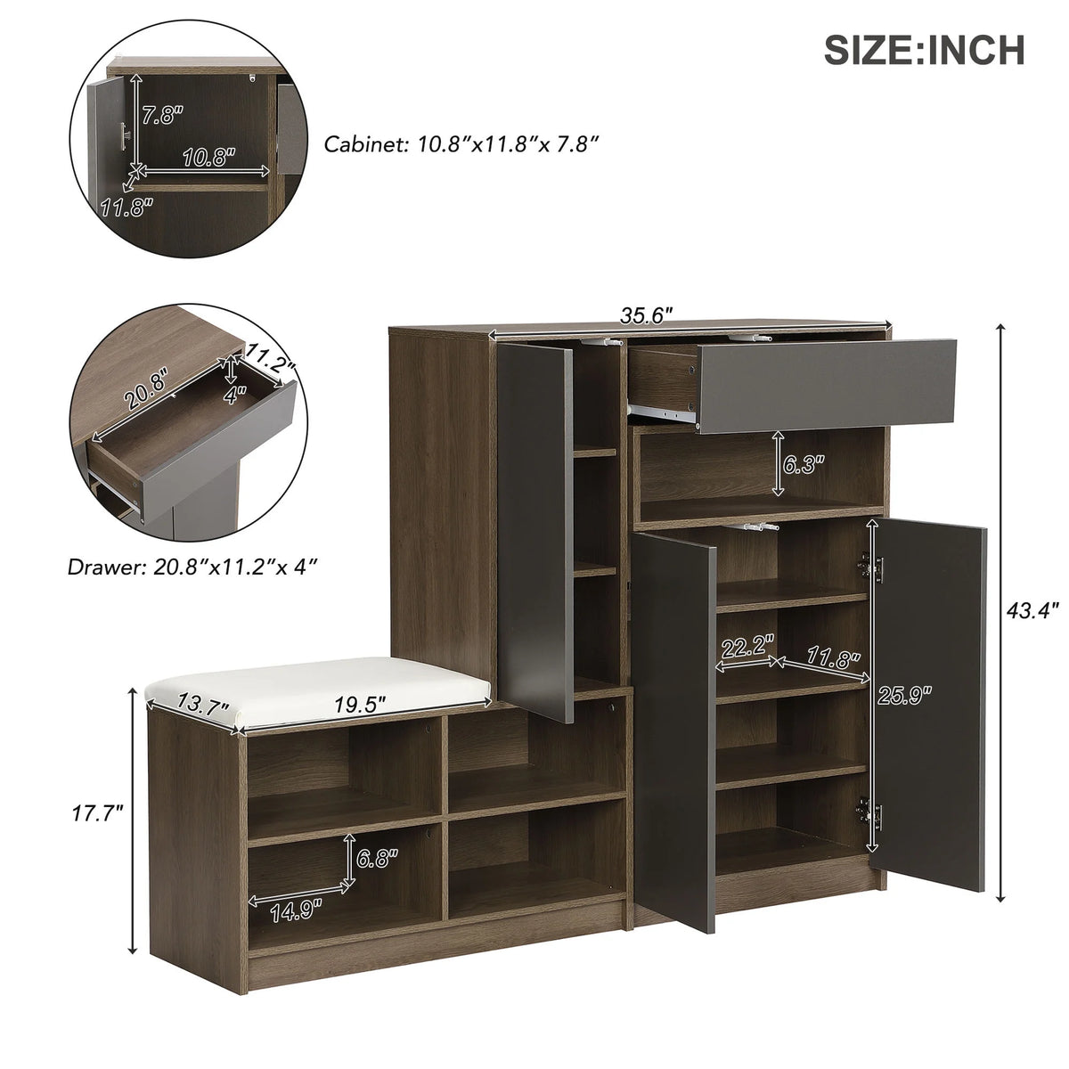Dark Grey Shoe Storage Bench with Padded Seat and Adjustable Shelves M15363