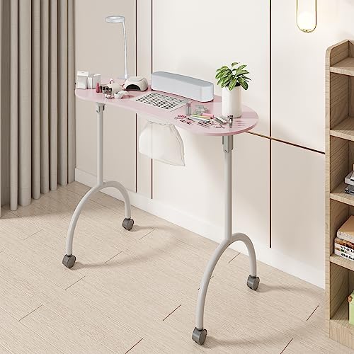 Portable Foldable Manicure Nail Table with Dust Collector Fan, LED Lamp, 4 Lockable Wheels and Carry Bag, Pink J326