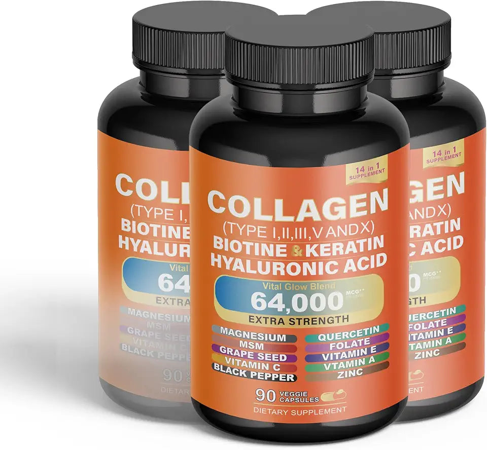 Collagen Peptides Capsules with Biotin Keratin Hyaluronic Acid Magnesium Zinc Vitamin A C E Grape Seed Extract Quercetin Folate K300210