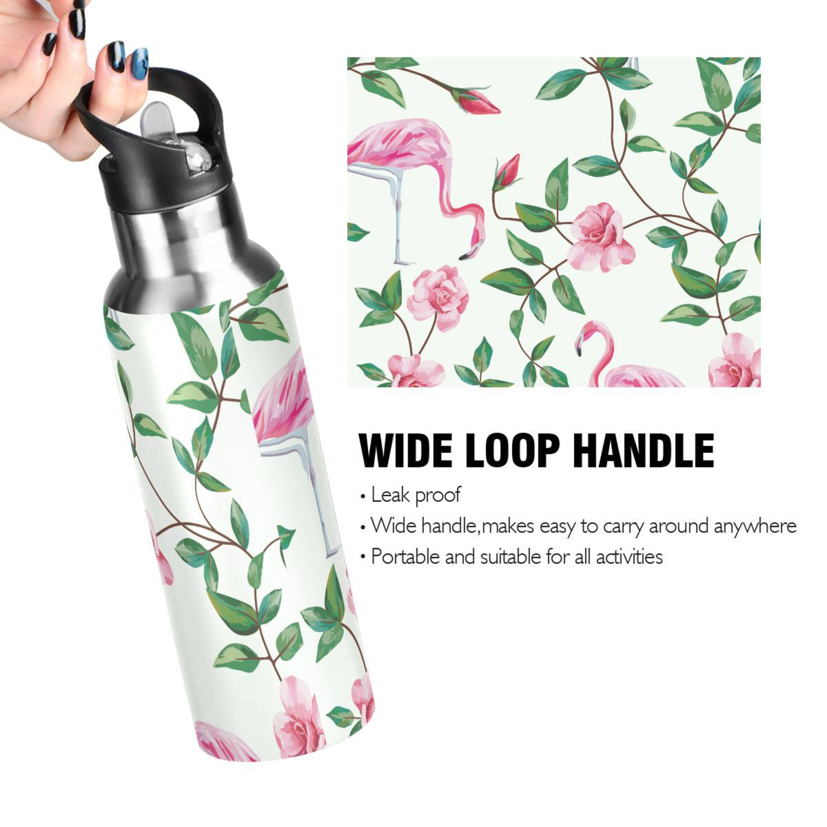 Pink Flamingos Rose Flowers Insulated Thermos Kids Stainless Steel Bottle with Straw Lid 20 oz I93723