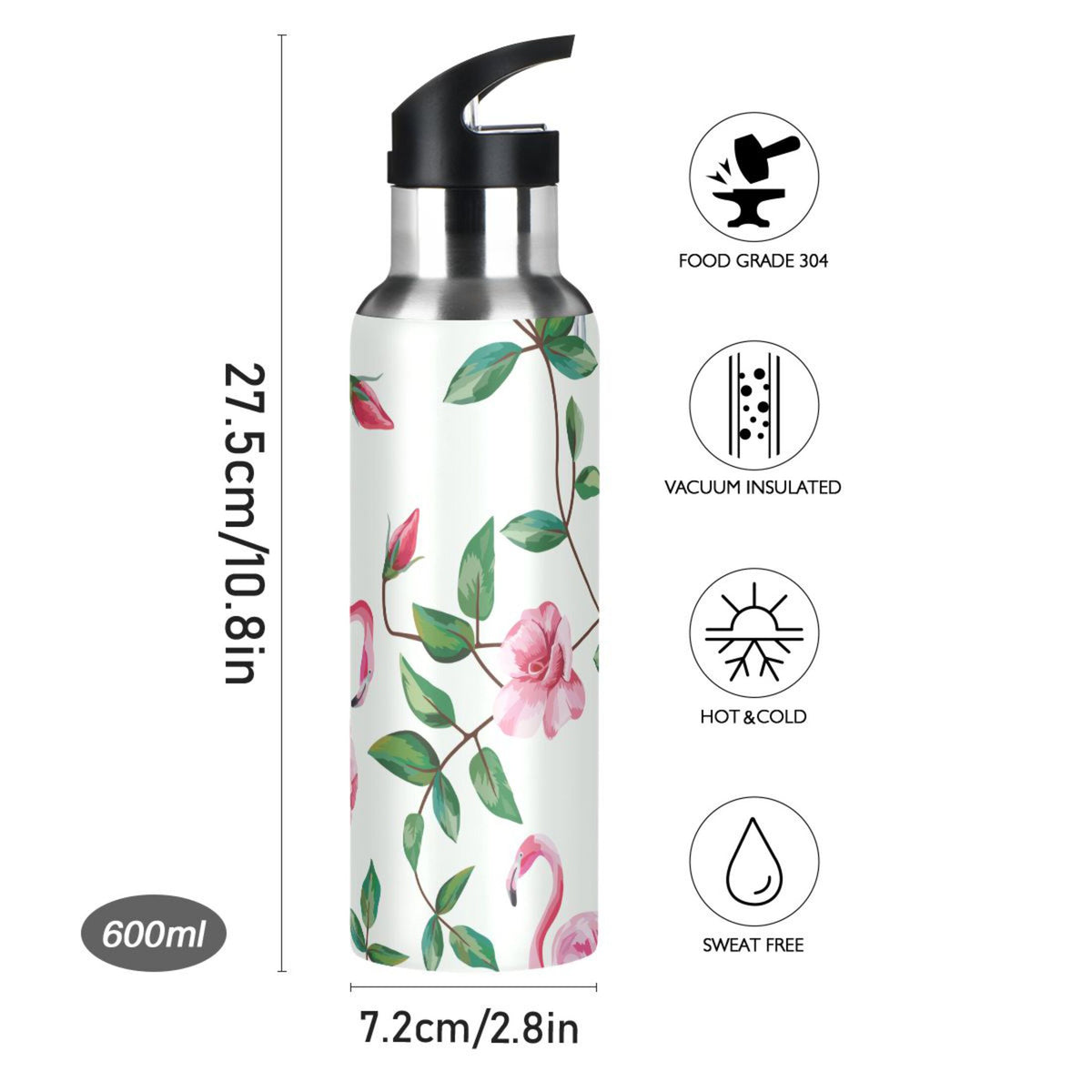 Pink Flamingos Rose Flowers Insulated Thermos Kids Stainless Steel Bottle with Straw Lid 20 oz I93723