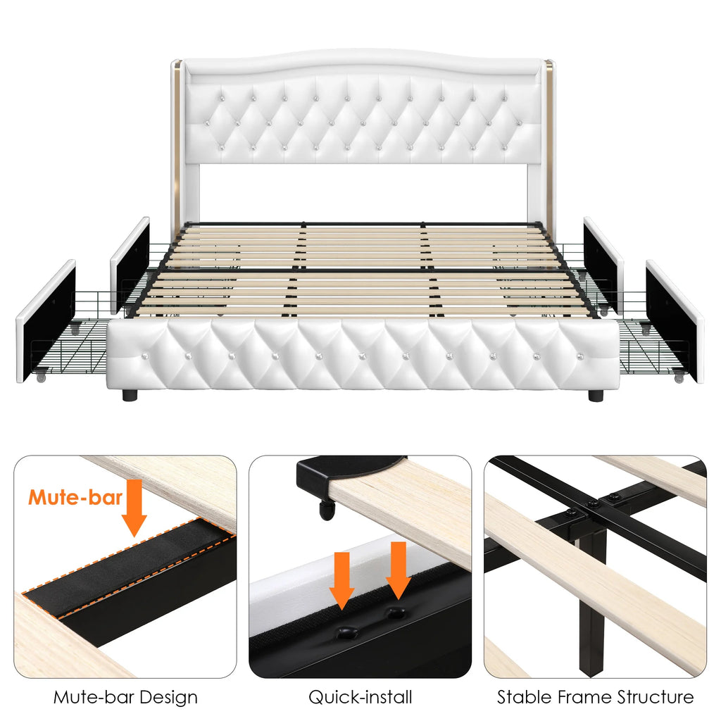 White Full Size LED Bed Frame with 4 Storage Drawers S486