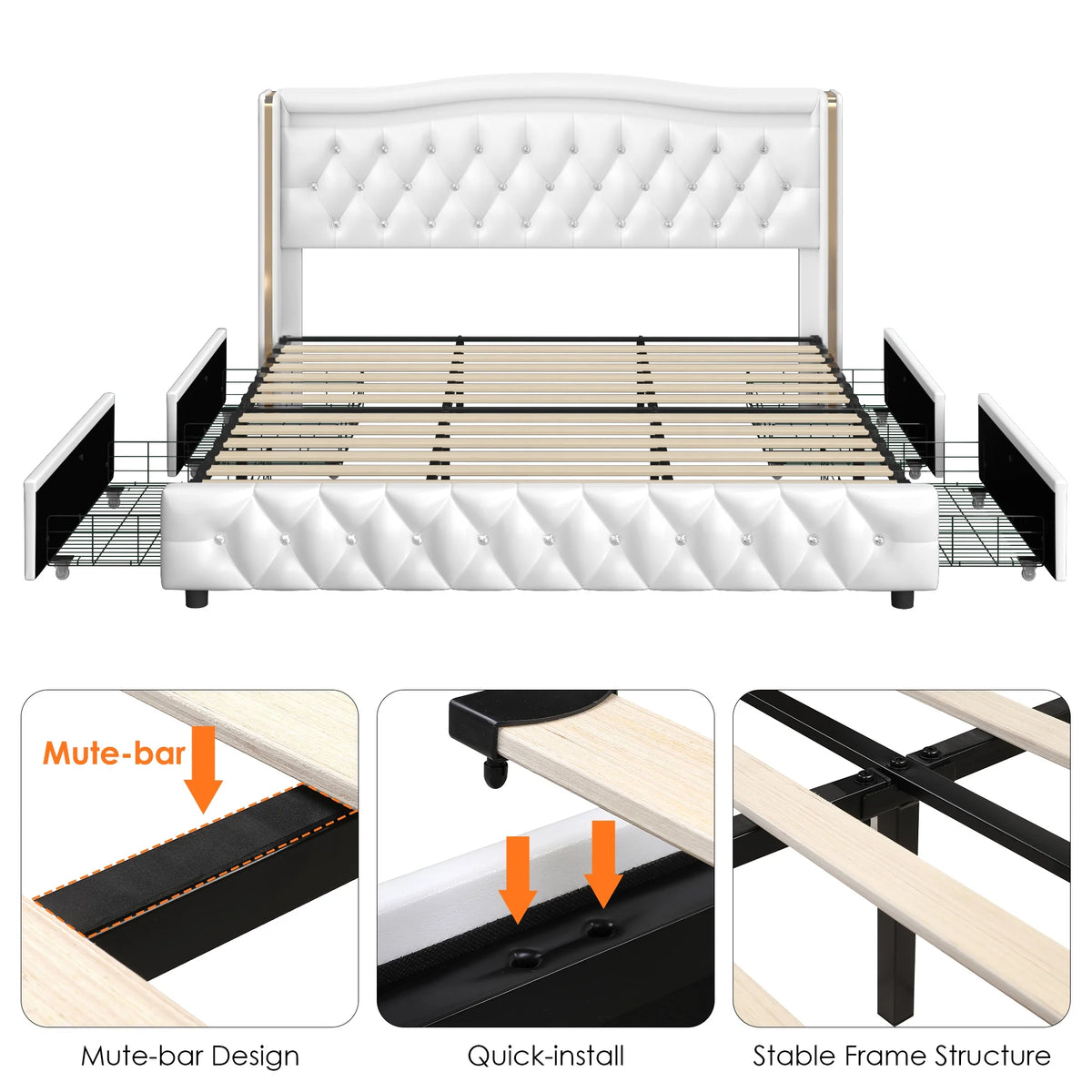 White Full Size LED Bed Frame with 4 Storage Drawers S486