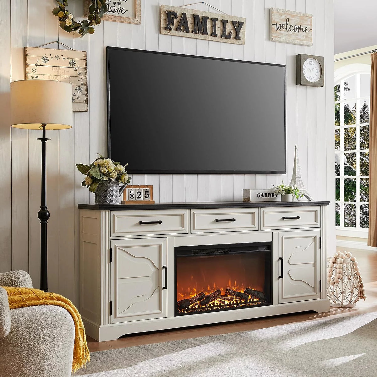 White TV Stand with Electric Fireplace D904933
