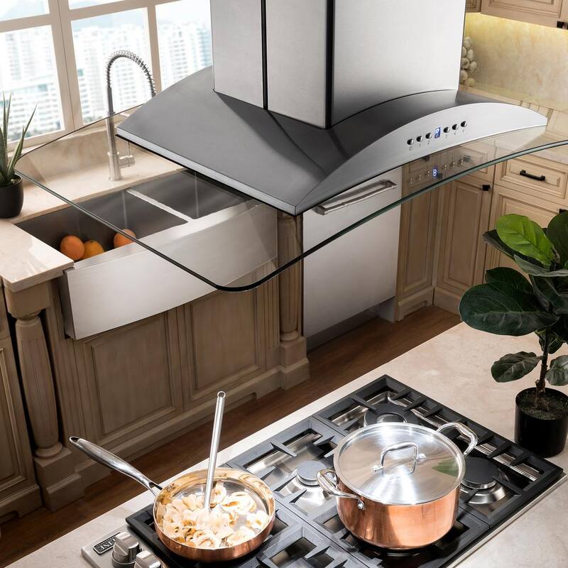 30 in. 400 CFM Convertible Island Mount Range Hood with 2 LED Lights in Stainless Steel with Curved Glass E16042