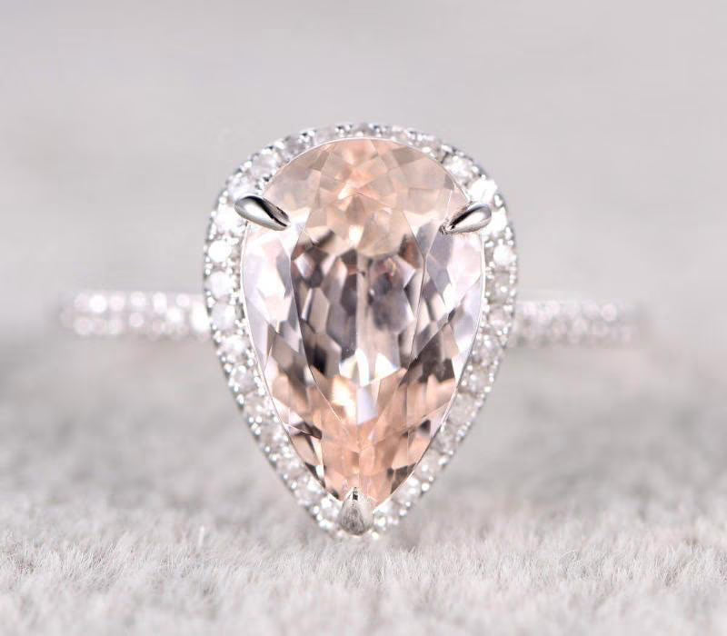 Pear Cut Morganite and Diamond Moissanite Halo Engagement Ring with 18k Gold Plating B108534