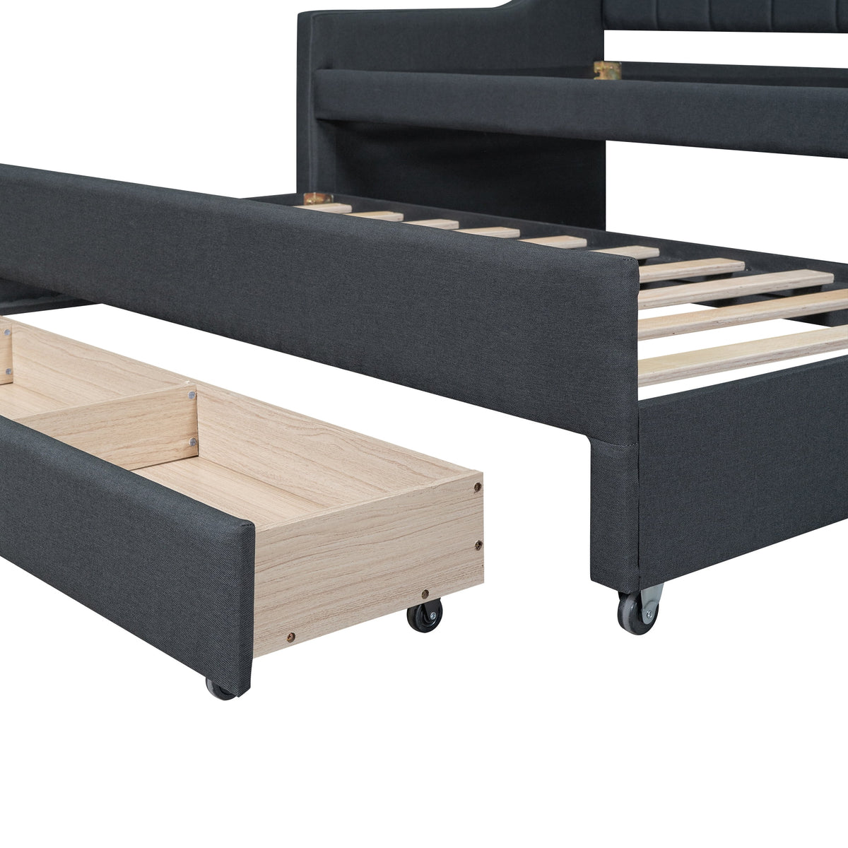 Twin Size Upholstered Daybed with Trundle and Drawers, Dark Gray J9545