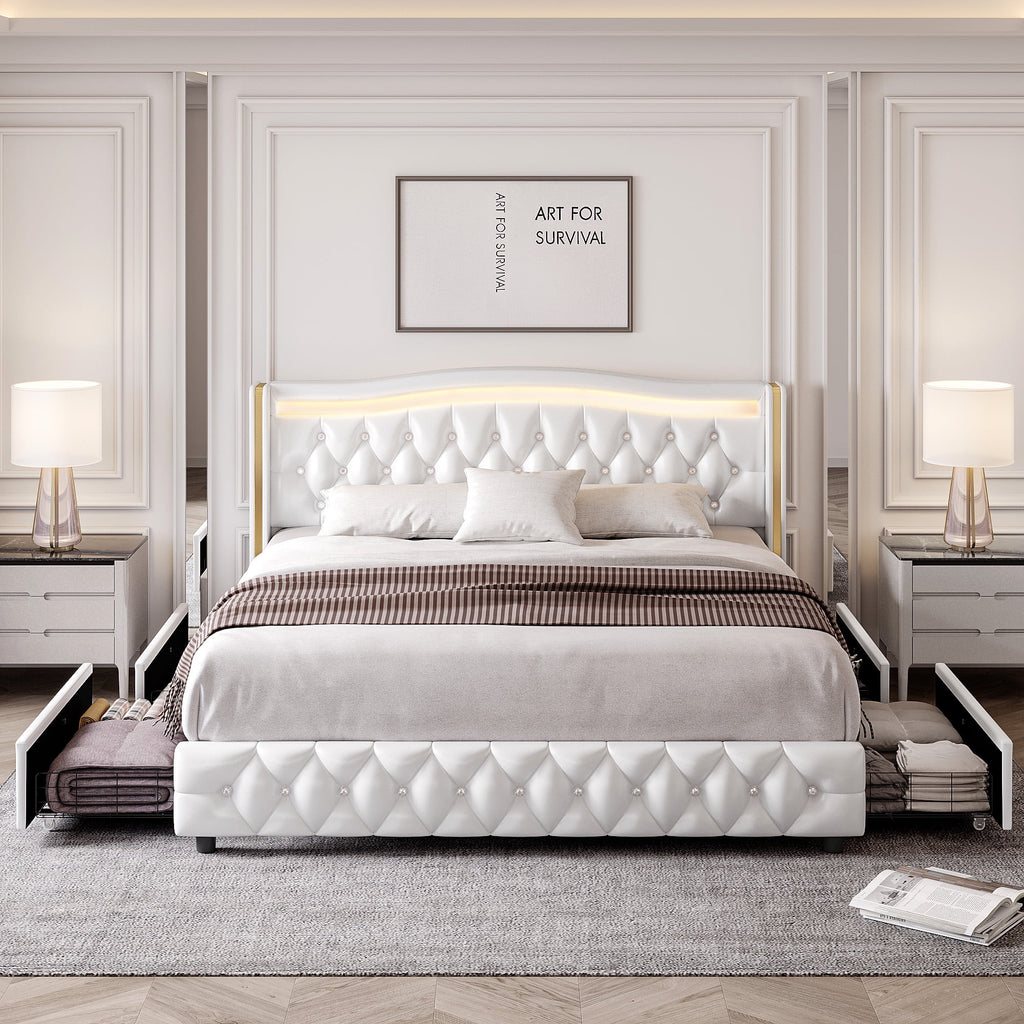 White Full Size LED Bed Frame with 4 Storage Drawers S486
