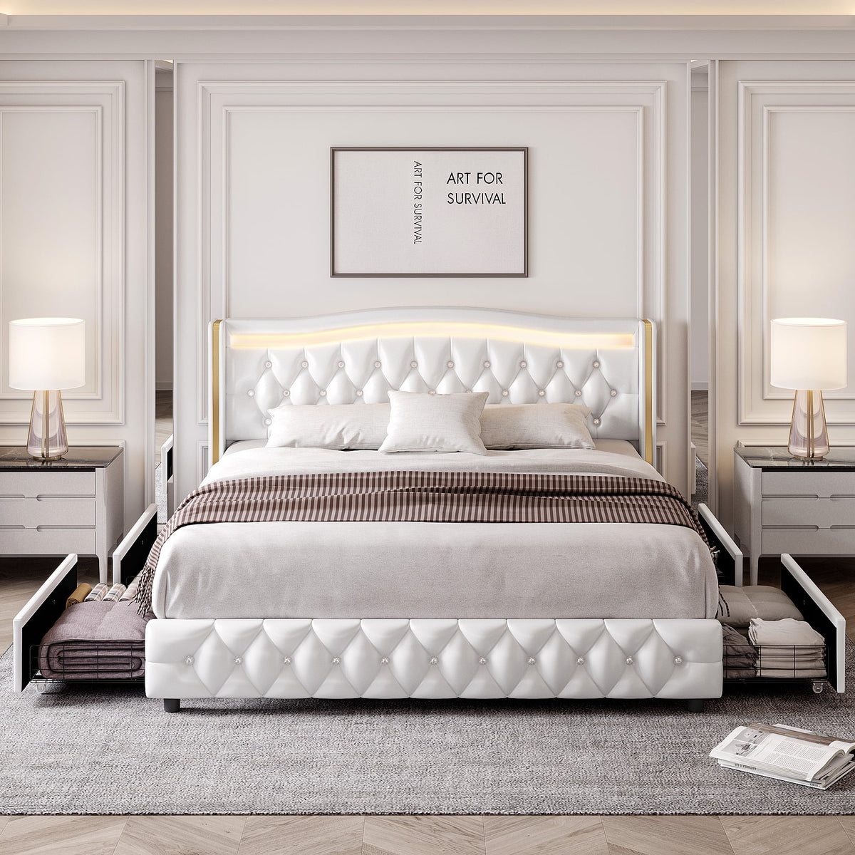 White Full Size LED Bed Frame with 4 Storage Drawers S486