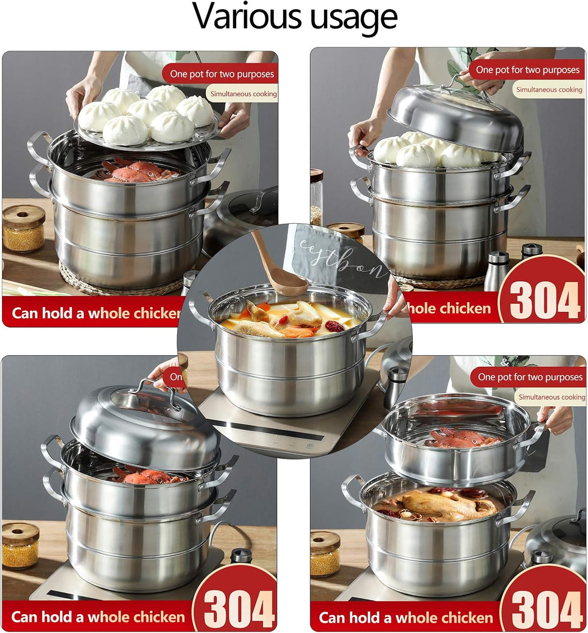 Stainless Steel 5 Levels Steamer with Glass Lid 32cm G85972