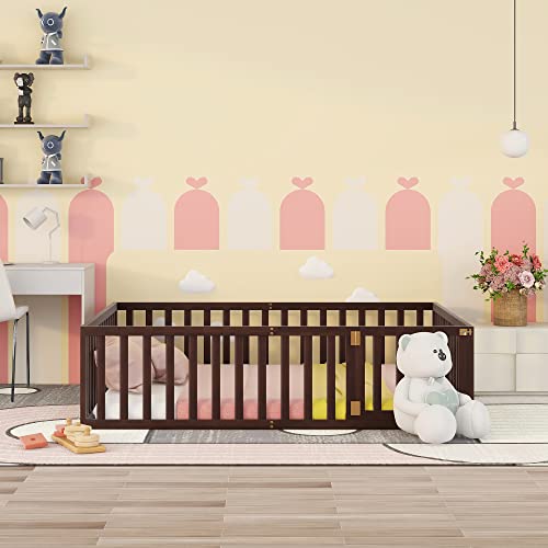 Twin Size Solid Wood Floor Bed Frame with Safety Fence A553