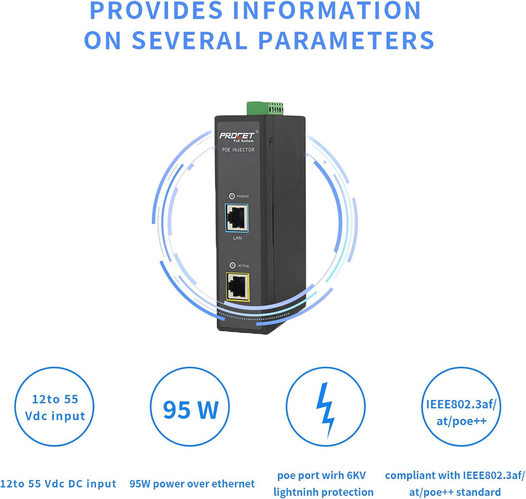 Industrial Gigabit PoE Injector Adapter 95W 55V Metal Case Pack of 2 I93721