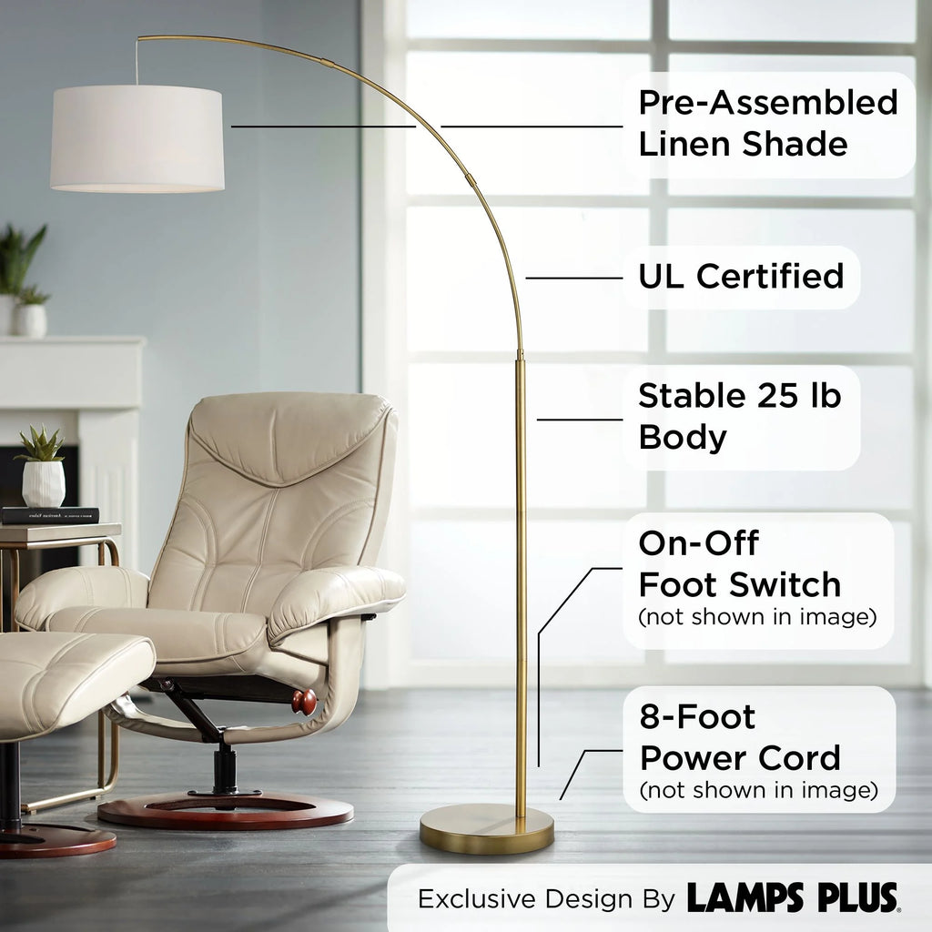 72" Tall Brass Metal Arc Floor Lamp with White Linen Drum Shade A708