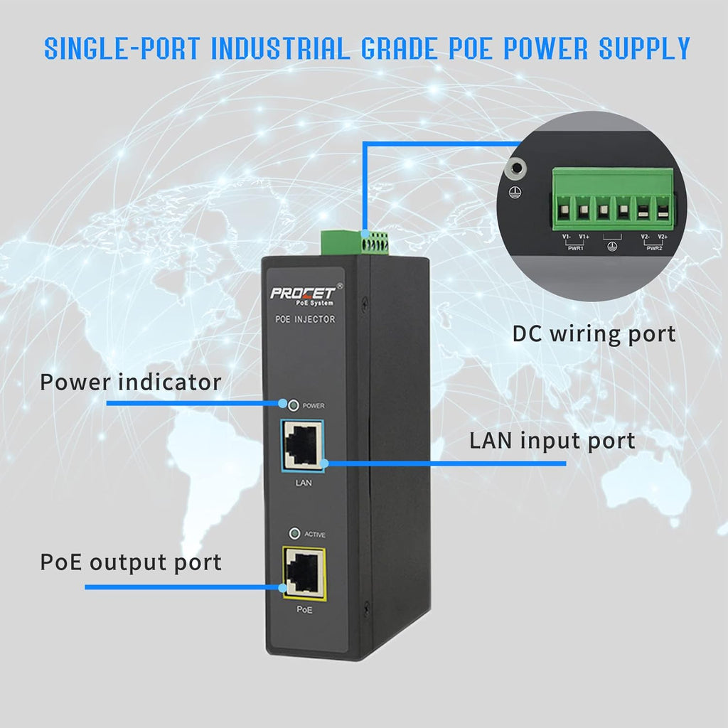 Industrial Gigabit PoE Injector Adapter 95W 55V Metal Case Pack of 2 I93721