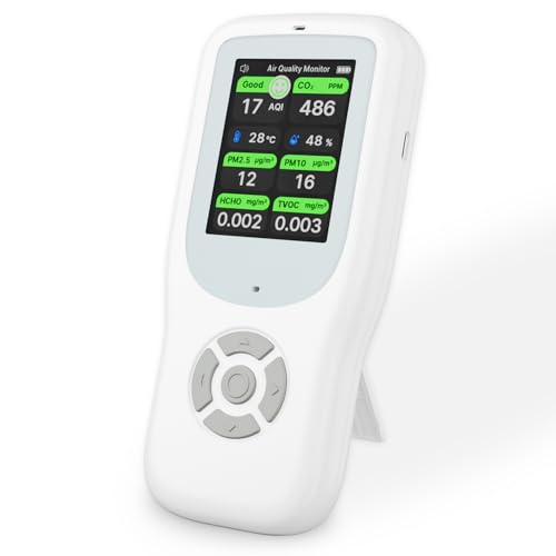 11-in-1 Air Quality Monitor with Stand for AQI, CO2, PM2.5, PM1.0, PM10, TVOC, HCHO, Particles, Temperature & Humidity (White-White) P300