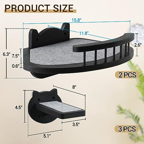 Black Wall-Mounted Cat Shelves with Scratching Pad P359