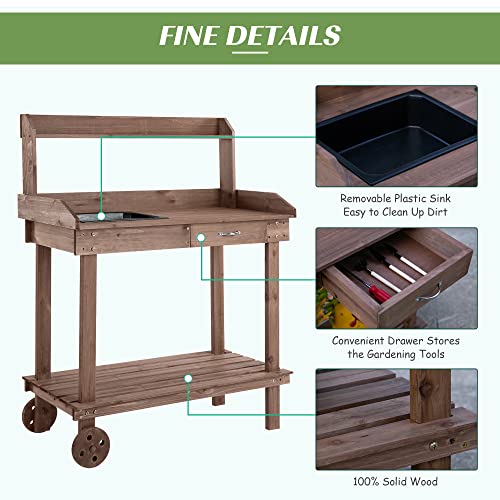 36" Wooden Potting Bench Work Table with 2 Removable Wheels, Brown J925
