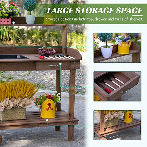 36" Wooden Potting Bench Work Table with 2 Removable Wheels, Brown J925