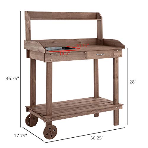 36" Wooden Potting Bench Work Table with 2 Removable Wheels, Brown J925