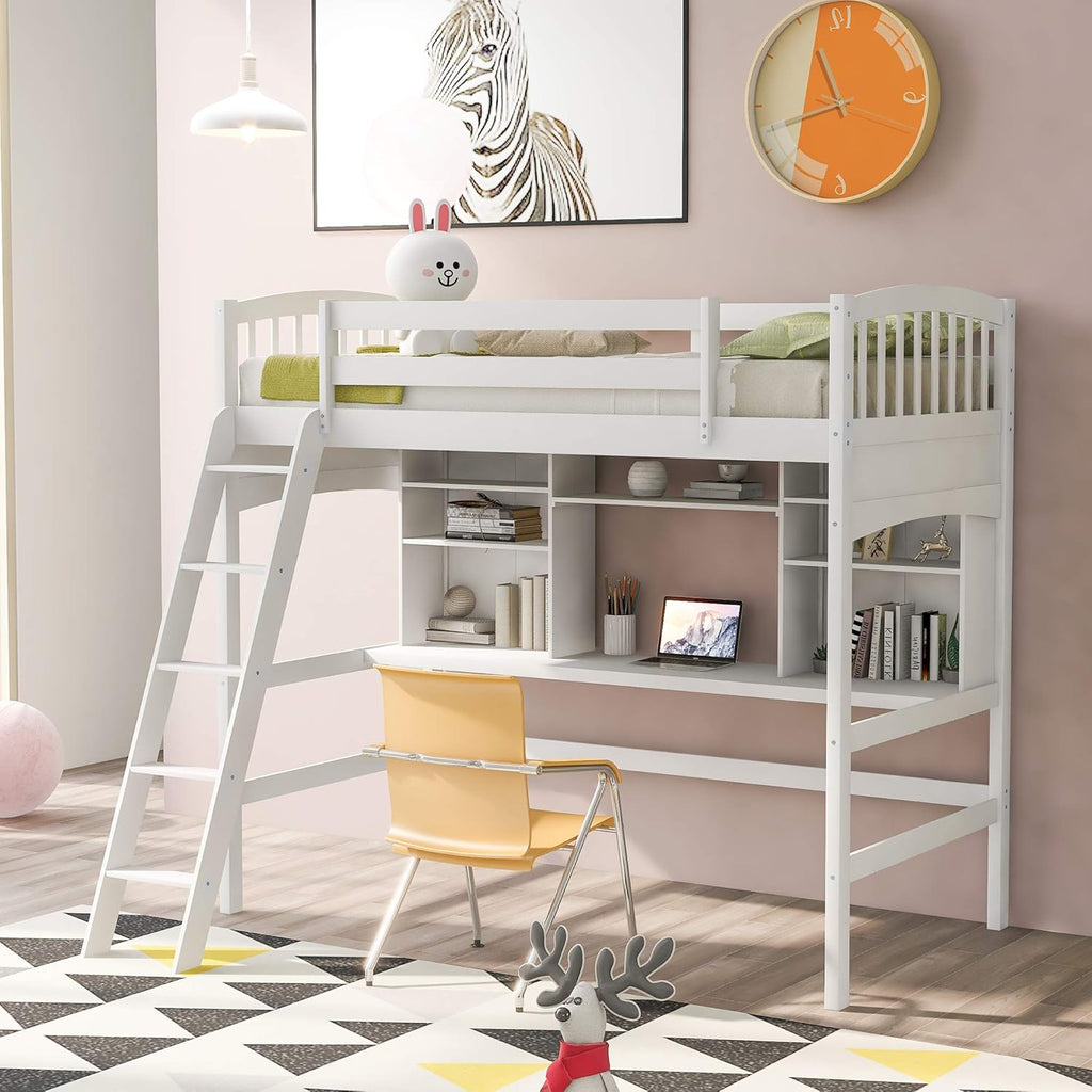 Twin Size Solid Wood Loft Bed with Desk and Storage Shelves D857195