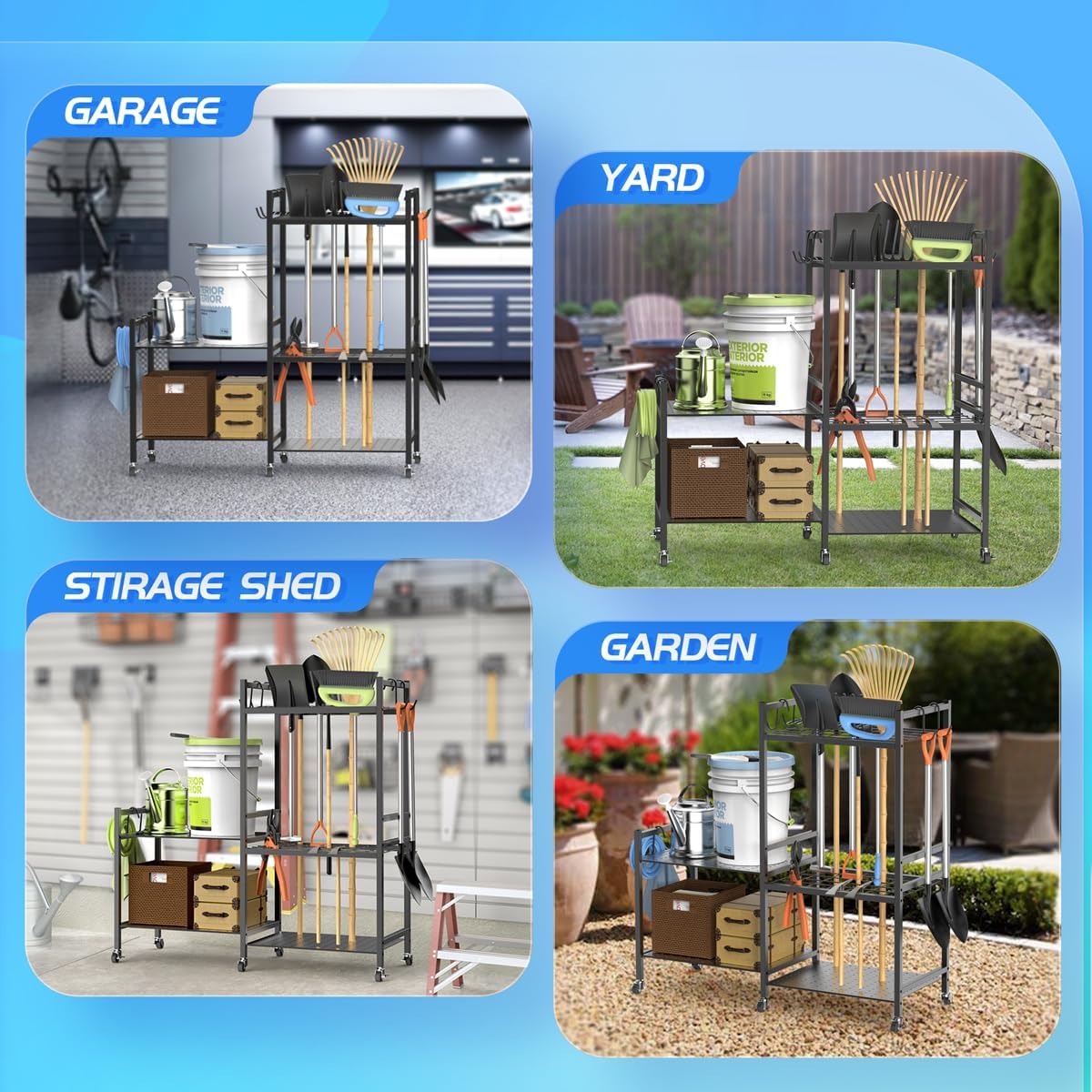 Garden Tool Storage Rack with 6 Hooks and 2-tier Metal Shelves T863215