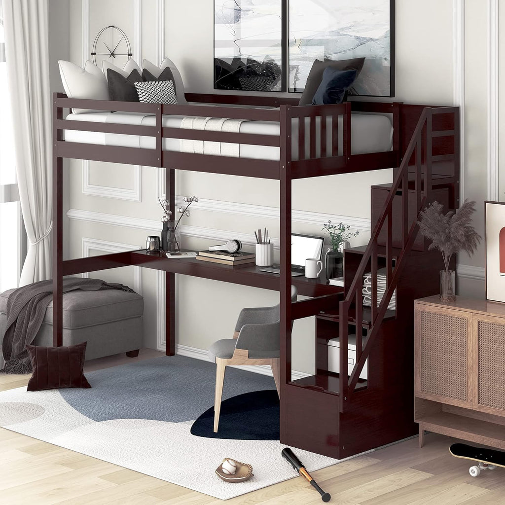 Twin Size Solid Wood Loft Bed with Desk and Storage Shelves D857195