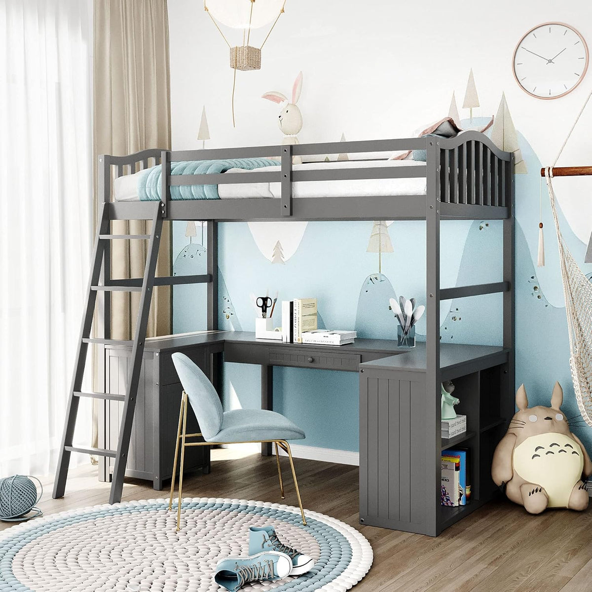 Twin Size Solid Wood Loft Bed with Desk and Storage Shelves D857195