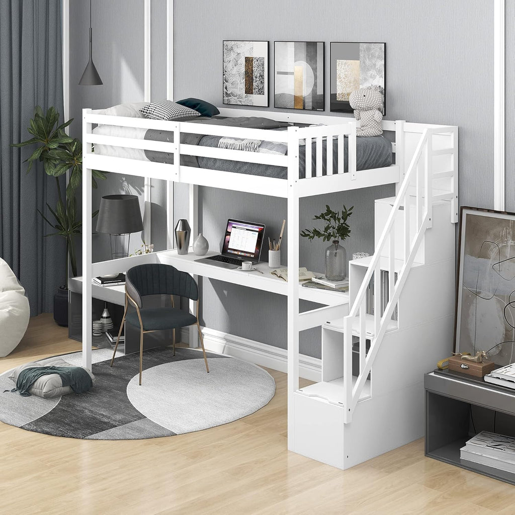 Twin Size Solid Wood Loft Bed with Desk and Storage Shelves D857195