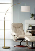 72" Tall Brass Metal Arc Floor Lamp with White Linen Drum Shade A708