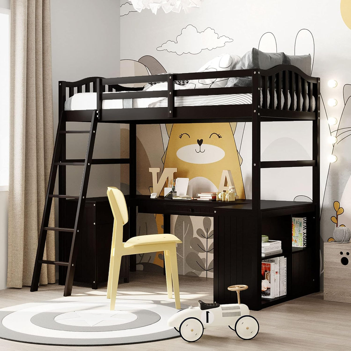 Twin Size Solid Wood Loft Bed with Desk and Storage Shelves D857195