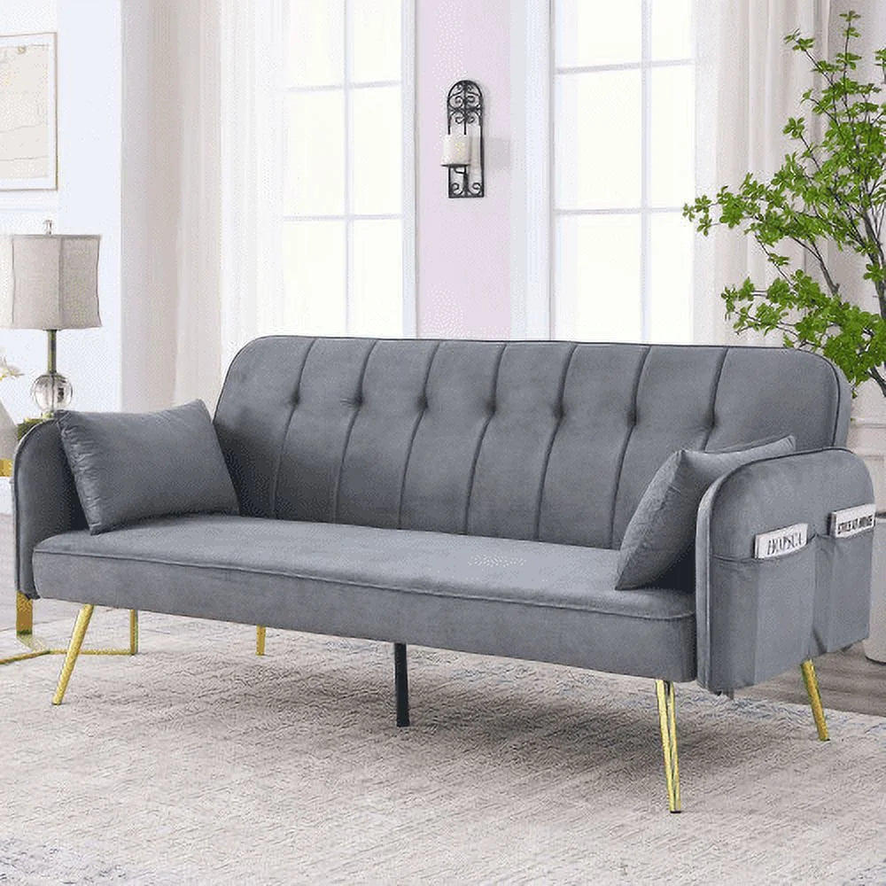 Grey Velvet Convertible Folding Sofa Bed O93044