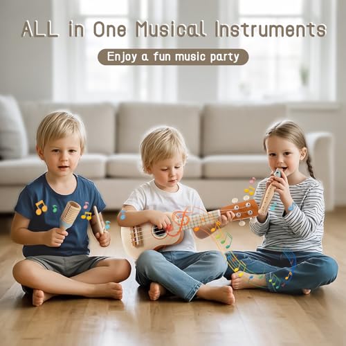 Kids Guitar Set 7 in 1 Musical Instruments with Ukulele Flute Tambourine Maracas O619