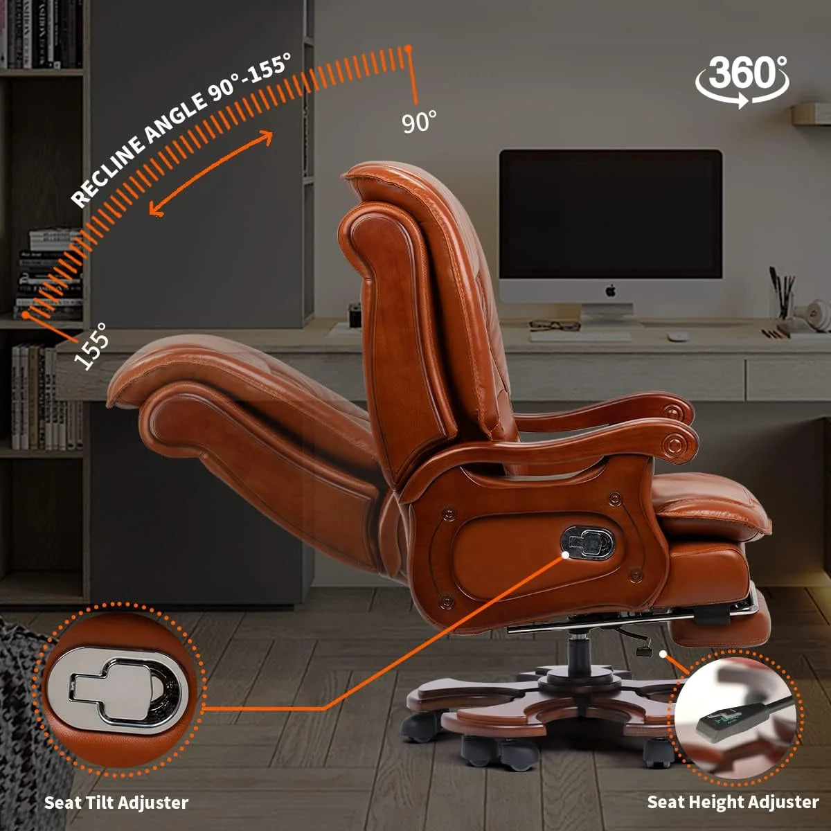 Massage Office Chair with Footrest Genuine Leather Fully Reclining Solid Wood Handrail Adjustable Tilt Back Angle Black X19178