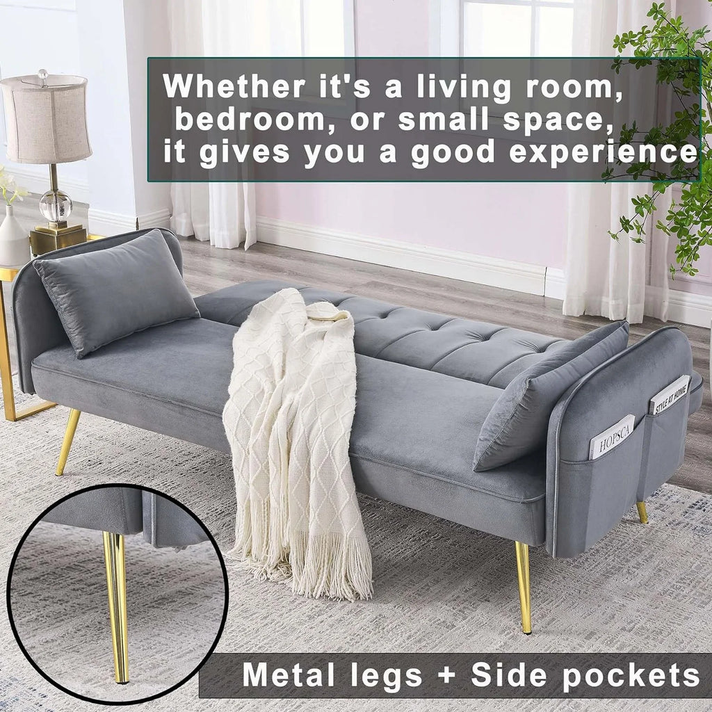 Grey Velvet Convertible Folding Sofa Bed O93044