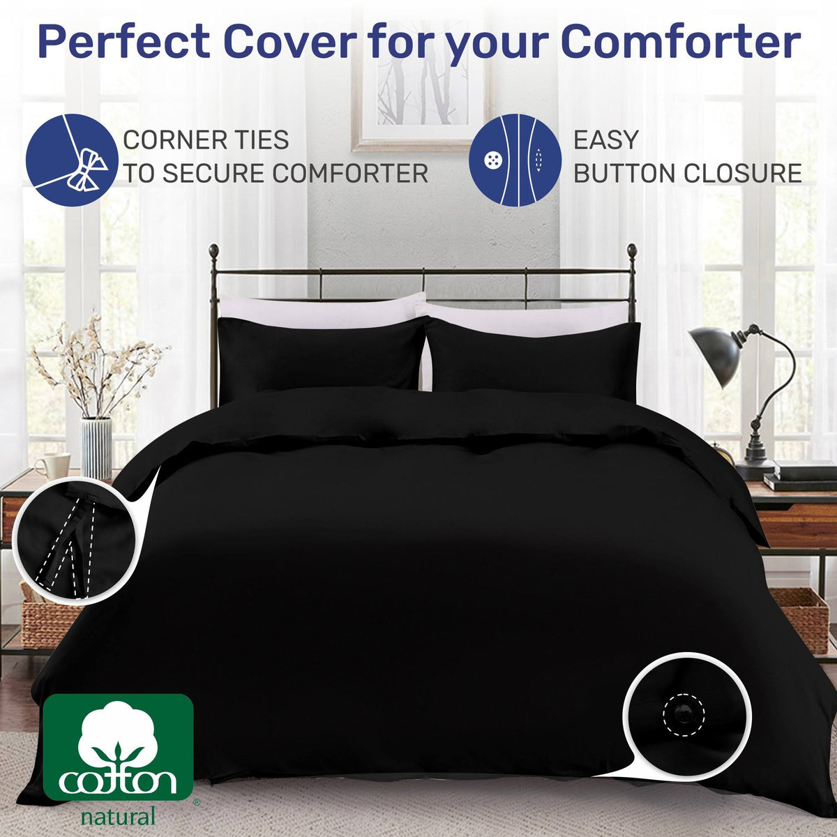 Indigo Navy Blue 100% Sateen Cotton Duvet Cover Set Queen/Full L239