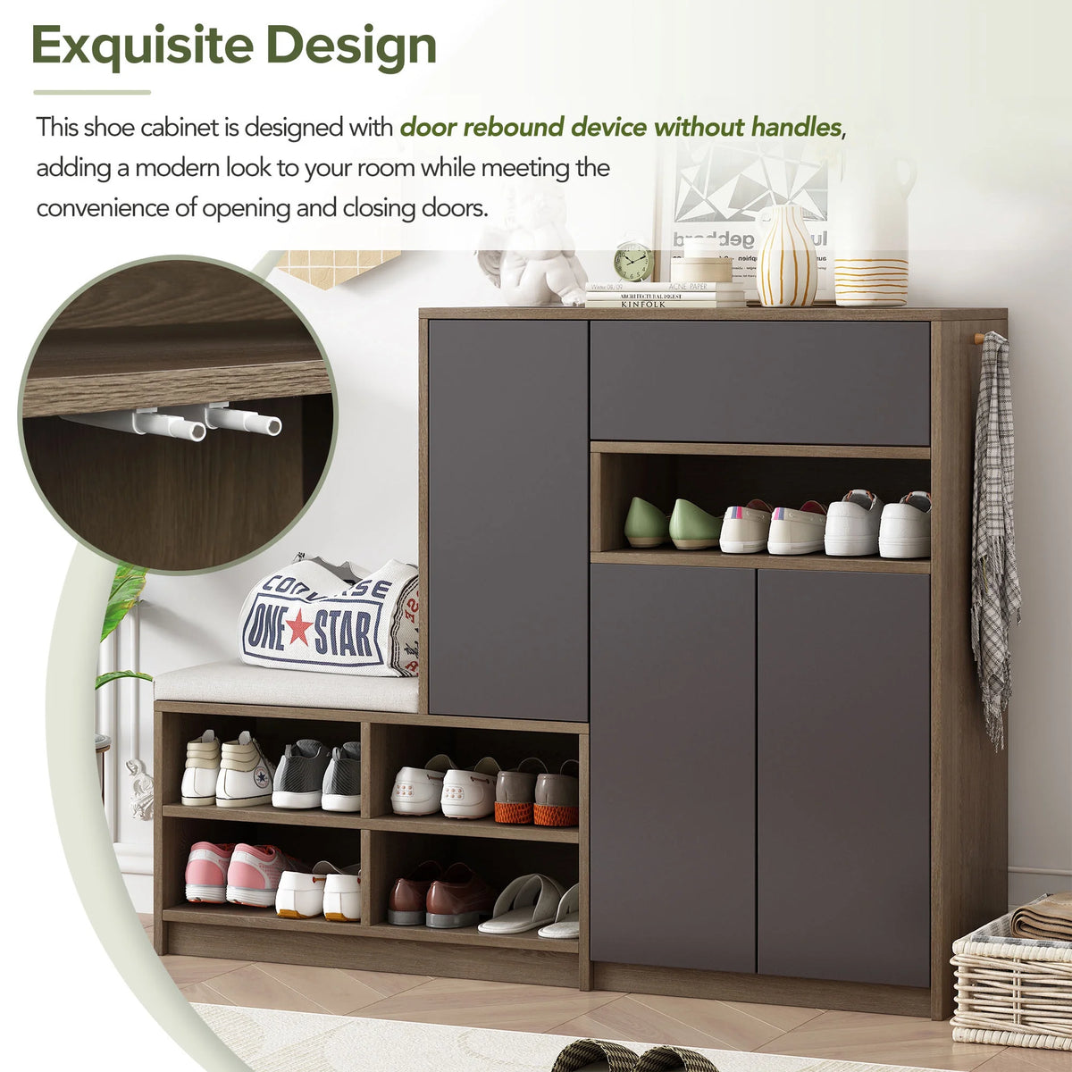 Dark Grey Shoe Storage Bench with Padded Seat and Adjustable Shelves M15363