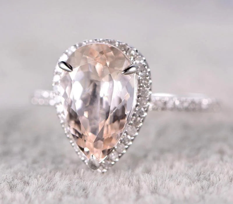 Pear Cut Morganite and Diamond Moissanite Halo Engagement Ring with 18k Gold Plating B108534