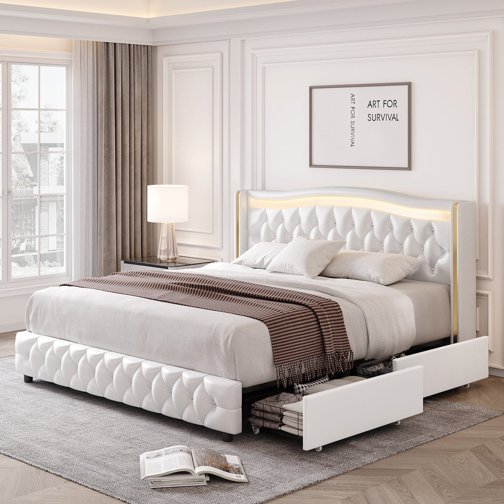 White Full Size LED Bed Frame with 4 Storage Drawers S486