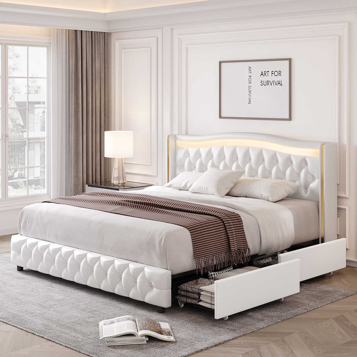 White Full Size LED Bed Frame with 4 Storage Drawers S486