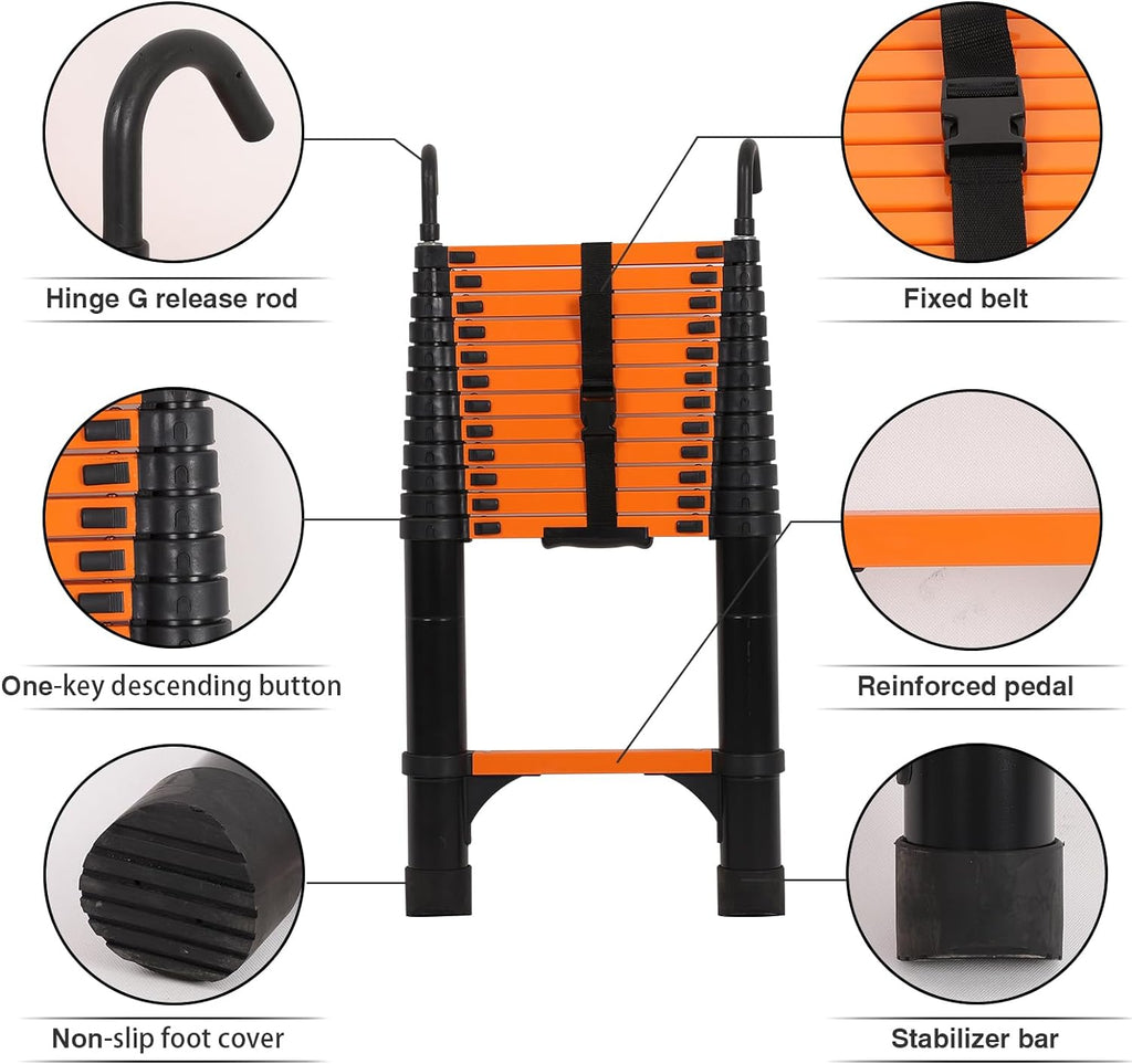 Telescoping Ladder 10.5 FT Aluminum with 2 Detachable Roof Hooks and 2 Triangle Stabilizers Y97877