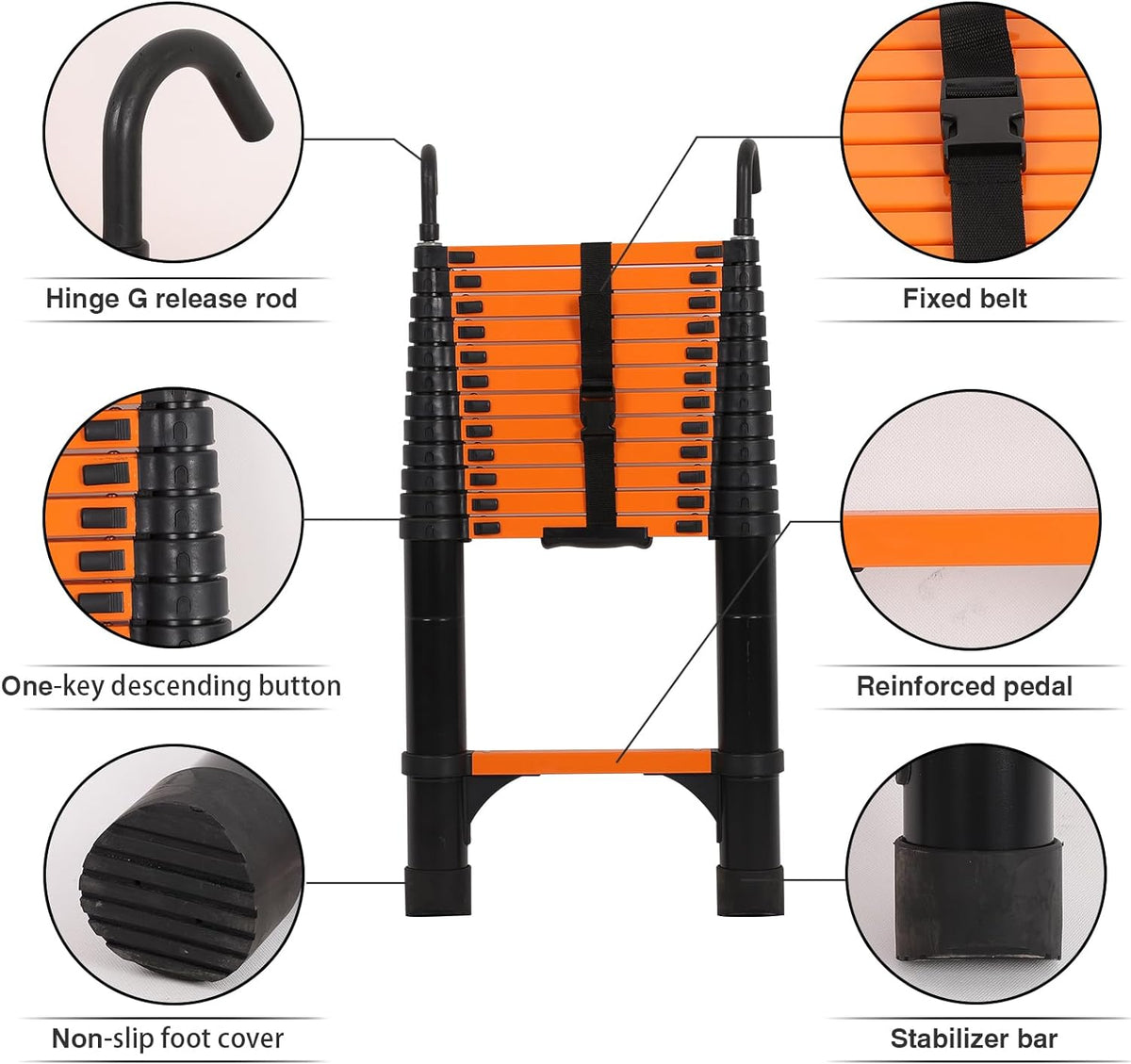Telescoping Ladder 10.5 FT Aluminum with 2 Detachable Roof Hooks and 2 Triangle Stabilizers Y97877