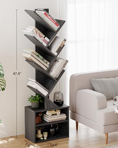 6 Tier Rustic Brown Tree Bookshelf with Storage Cabinet K125