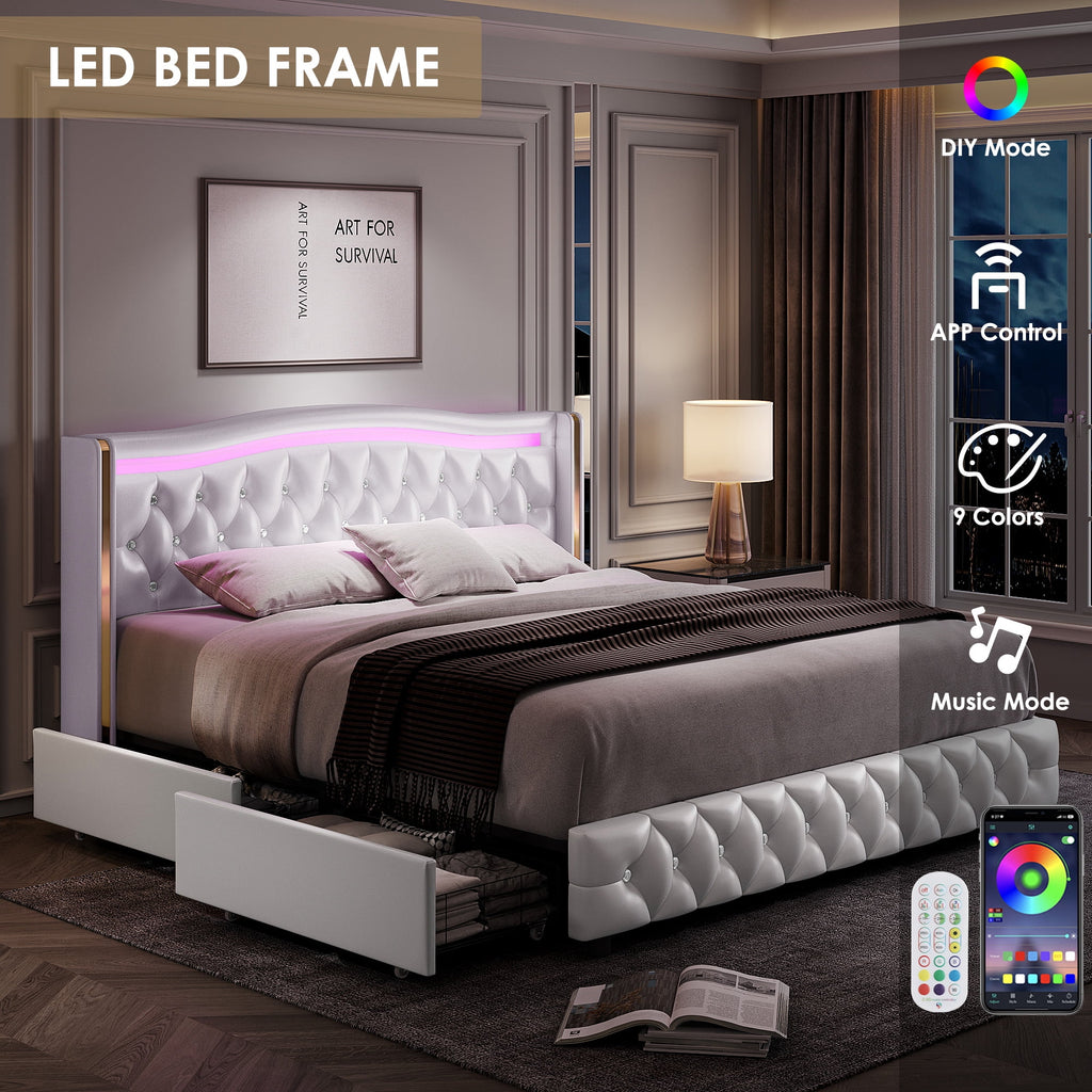 White Full Size LED Bed Frame with 4 Storage Drawers S486