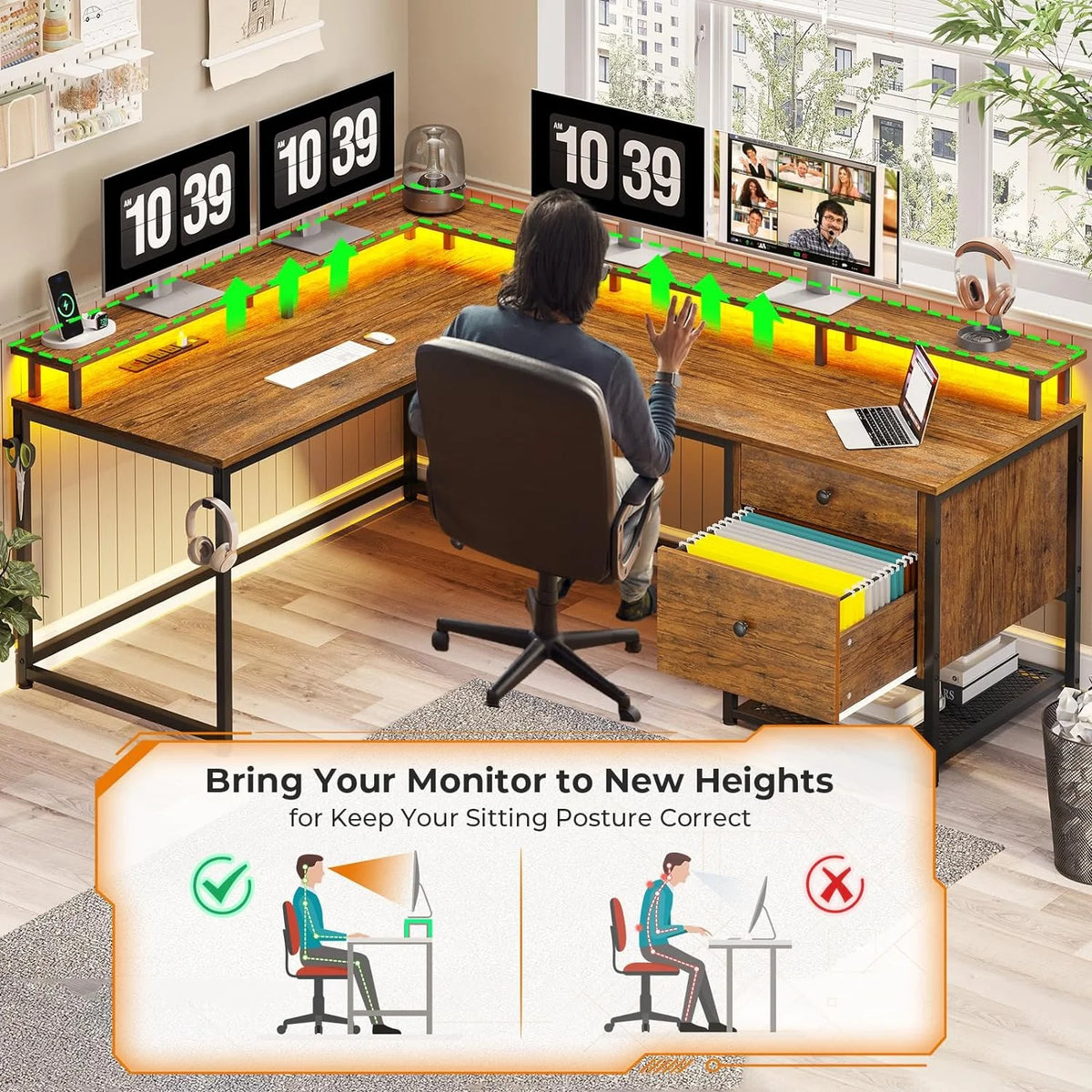 62" L Shaped Office Desk with File Drawers and Power Outlets G1391