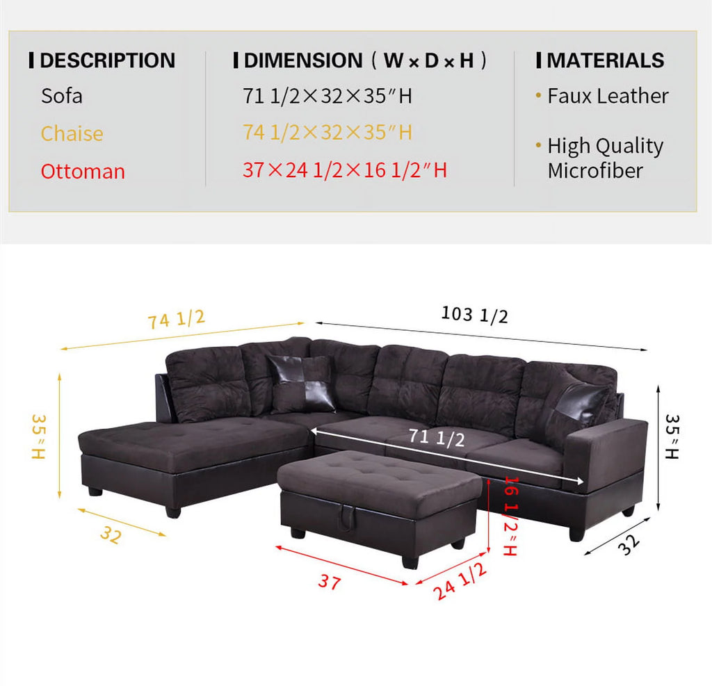 Microfiber Leather Sectional Sofa with Storage Ottoman R530262